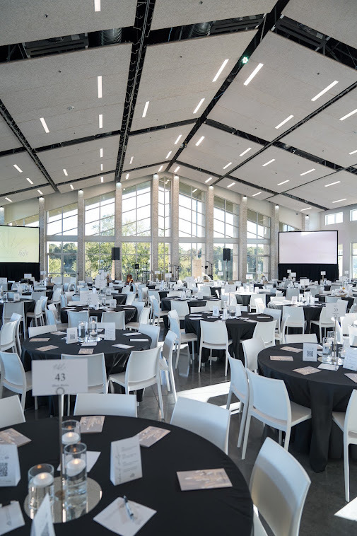Event hall set for dinner